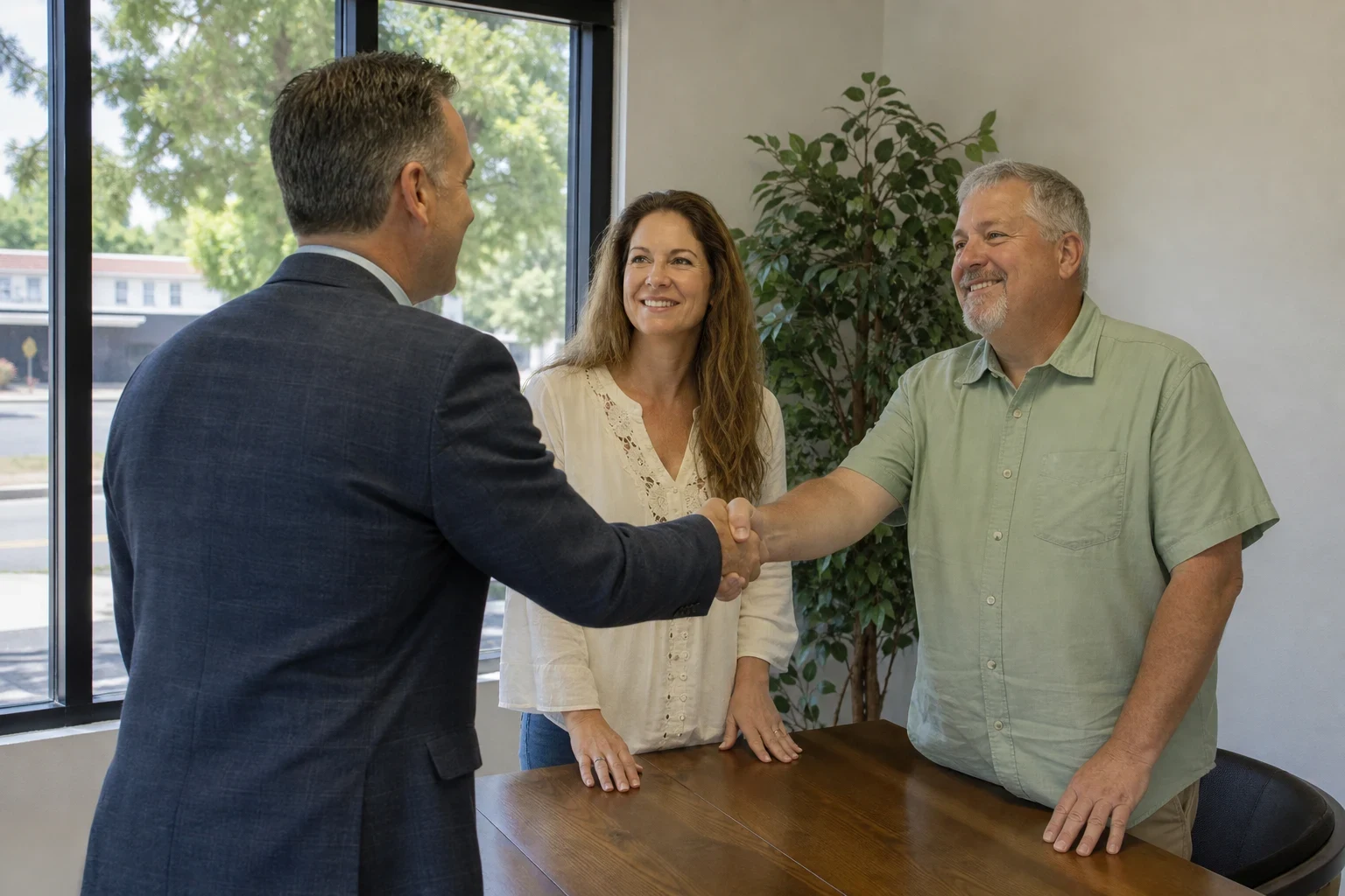 Agent in a navy blazer shakes hands with a smiling couple across a wooden table in a bright office with a large window and a potted plant
